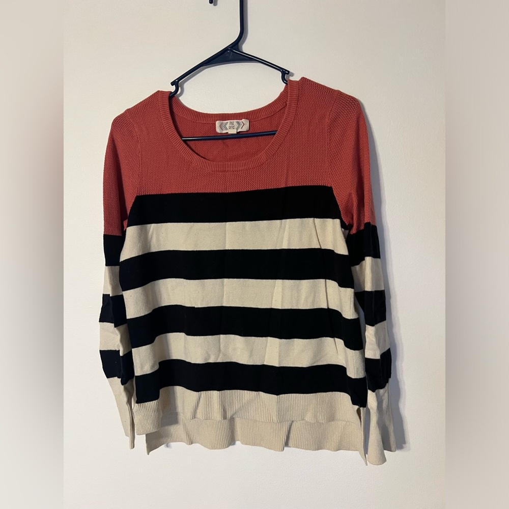 Pink Rose Women’s Sweater, Pink, White & Black Striped, Cotton, Size Medium